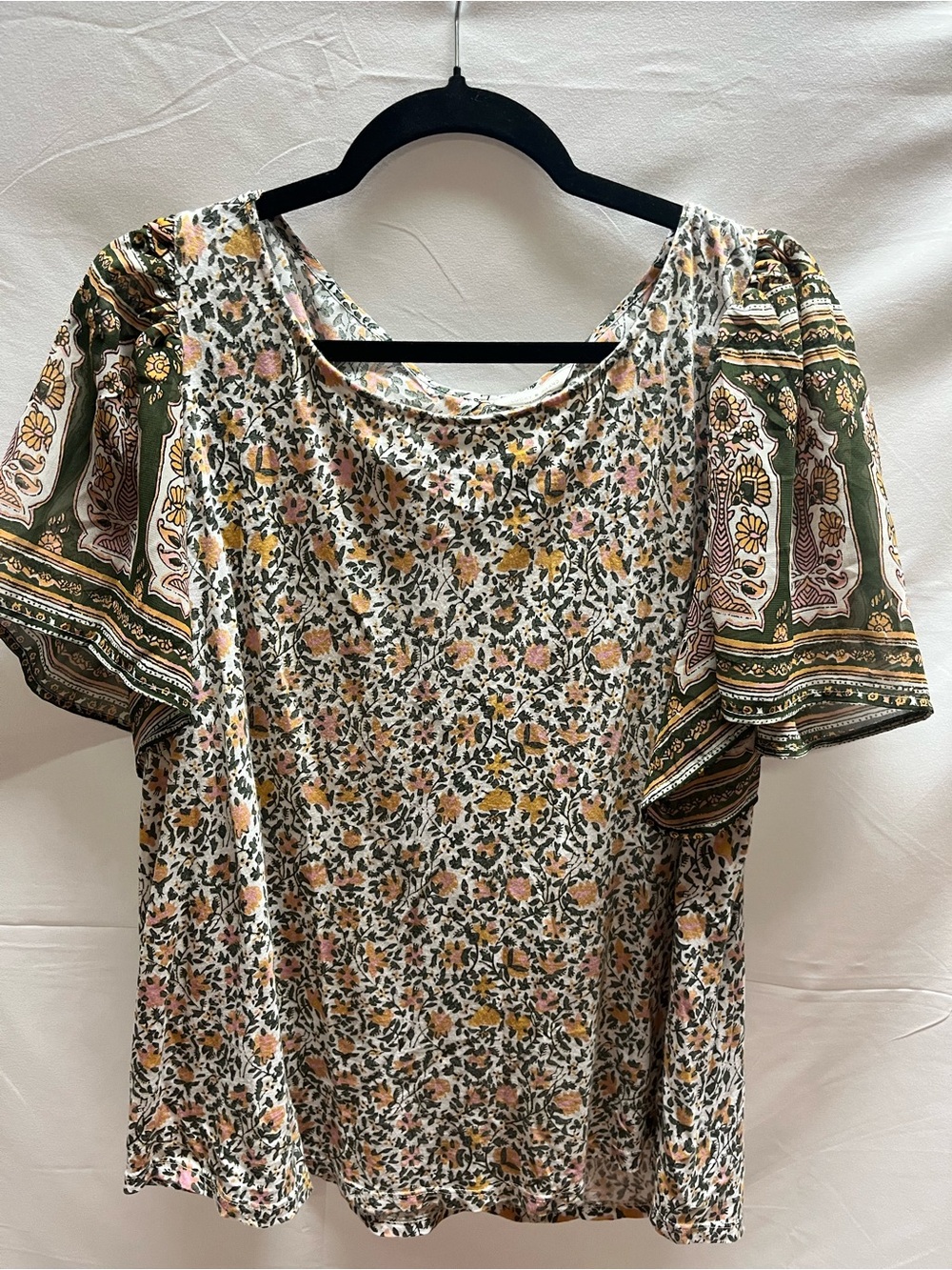 Lucky Brand Floral Puff-Sleeve Top in White, Green, Pink and Yellow